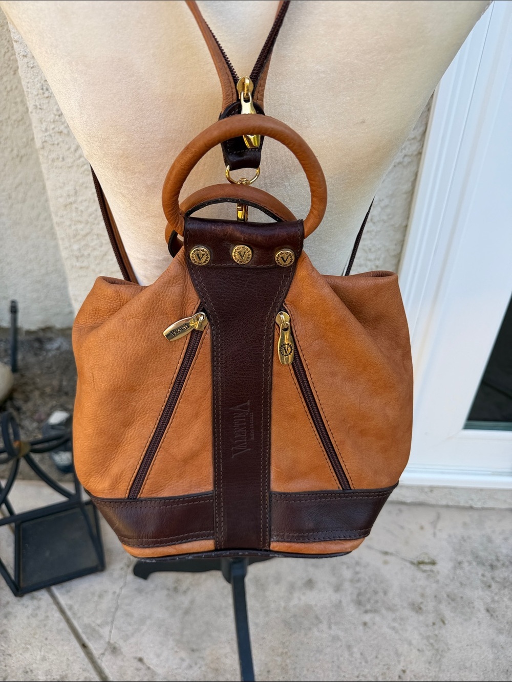 Valentina Cognac Tan & Brown Leather Two Tone Backpack Purse - Picture 2 of 12